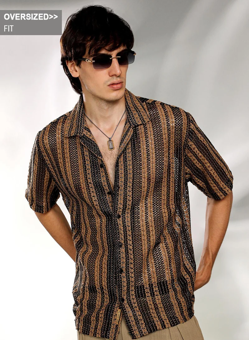 Campus Sutra Men's Camel Brown & Midnight Black Multitrack Knit Oversized Shirt
