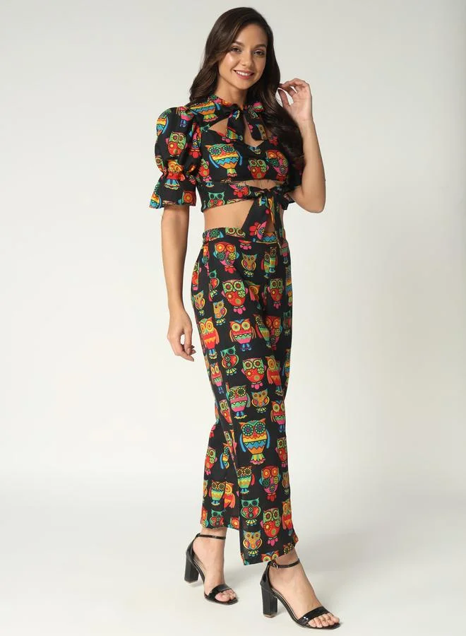 Take Two Black Owl Print Crop Top and Wide Leg Pants Co-ords By Pannkh