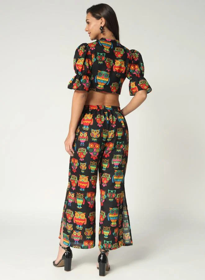 Take Two  Black Owl Print Crop Top and Wide Leg Pants Co-ords By Pannkh for Women | Best Price UAE