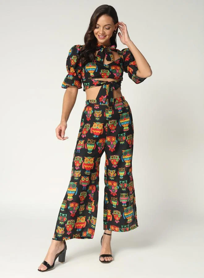 Take Two Black Owl Print Crop Top and Wide Leg Pants Co-ords By Pannkh