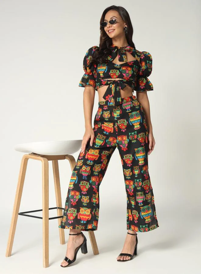 Take Two  Black Owl Print Crop Top and Wide Leg Pants Co-ords By Pannkh for Women | Best Price UAE