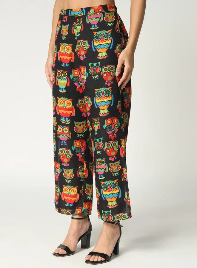 Take Two  Black Owl Print Crop Top and Wide Leg Pants Co-ords By Pannkh for Women | Best Price UAE