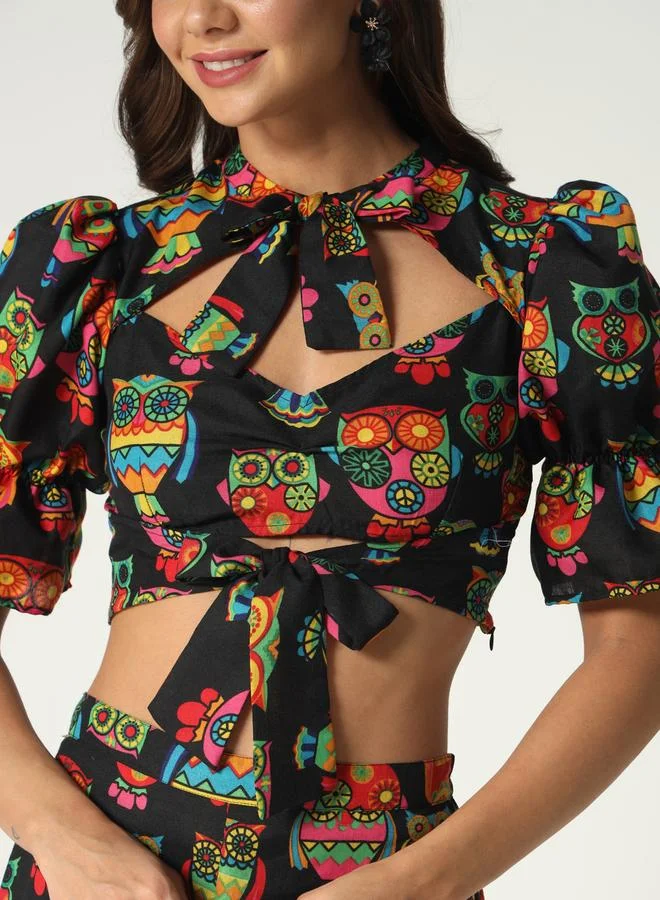 Take Two  Black Owl Print Crop Top and Wide Leg Pants Co-ords By Pannkh for Women | Best Price UAE