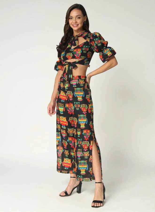 Take Two  Black Owl Print Crop Top and Wide Leg Pants Co-ords By Pannkh for Women | Best Price UAE