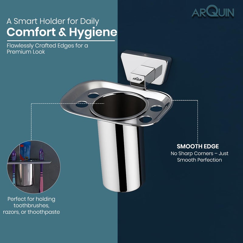 ARQUIN Wall-Mounted Tooth Brush Holder for Bathroom, Tumbler Stand/304 Steel Bathroom Organizer with Glossy Finish Bathroom Accessories Chrome Finish Stand With Removable Cup (Aquarius Tumbler Holder) - Image 4