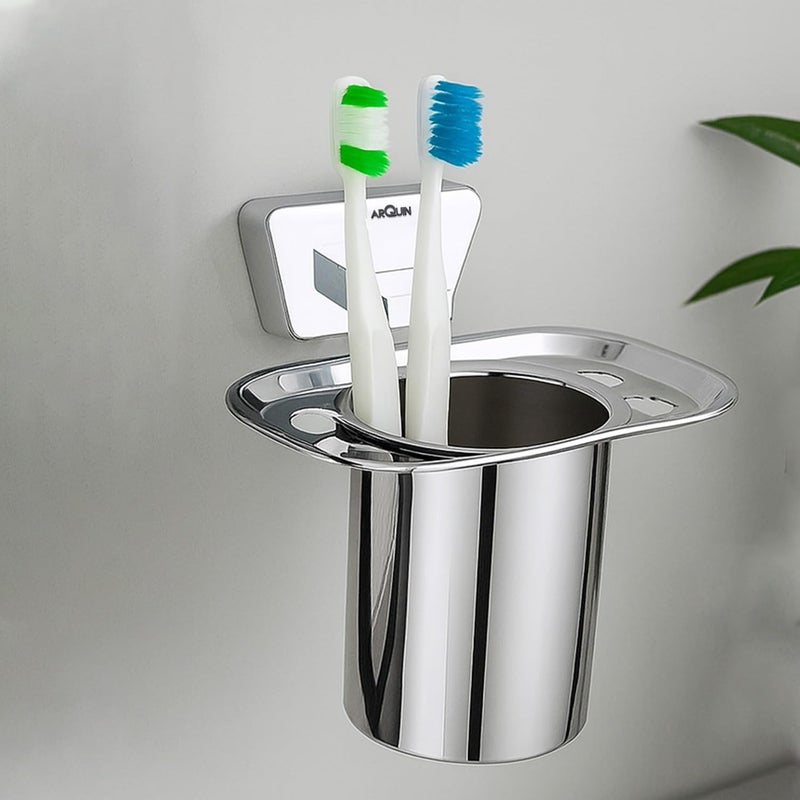 ARQUIN Wall-Mounted Tooth Brush Holder for Bathroom, Tumbler Stand/304 Steel Bathroom Organizer with Glossy Finish Bathroom Accessories Chrome Finish Stand With Removable Cup (Aquarius Tumbler Holder) - Image 1