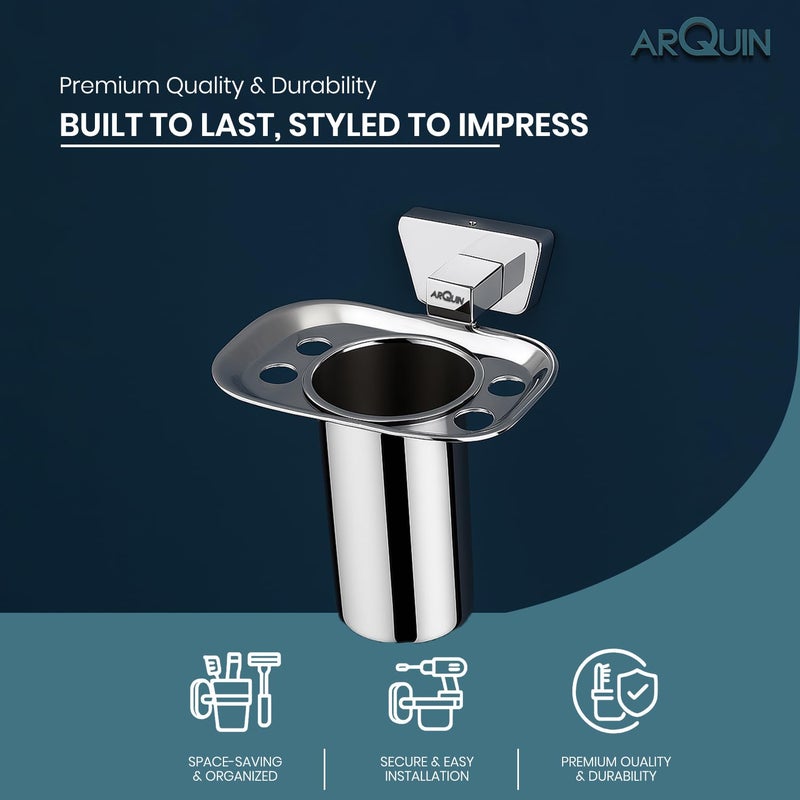 ARQUIN Wall-Mounted Tooth Brush Holder for Bathroom, Tumbler Stand/304 Steel Bathroom Organizer with Glossy Finish Bathroom Accessories Chrome Finish Stand With Removable Cup (Aquarius Tumbler Holder) - Image 3
