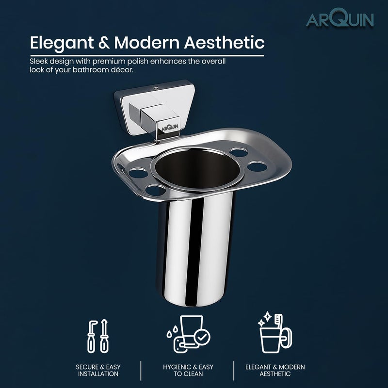 ARQUIN Wall-Mounted Tooth Brush Holder for Bathroom, Tumbler Stand/304 Steel Bathroom Organizer with Glossy Finish Bathroom Accessories Chrome Finish Stand With Removable Cup (Aquarius Tumbler Holder) - Image 2