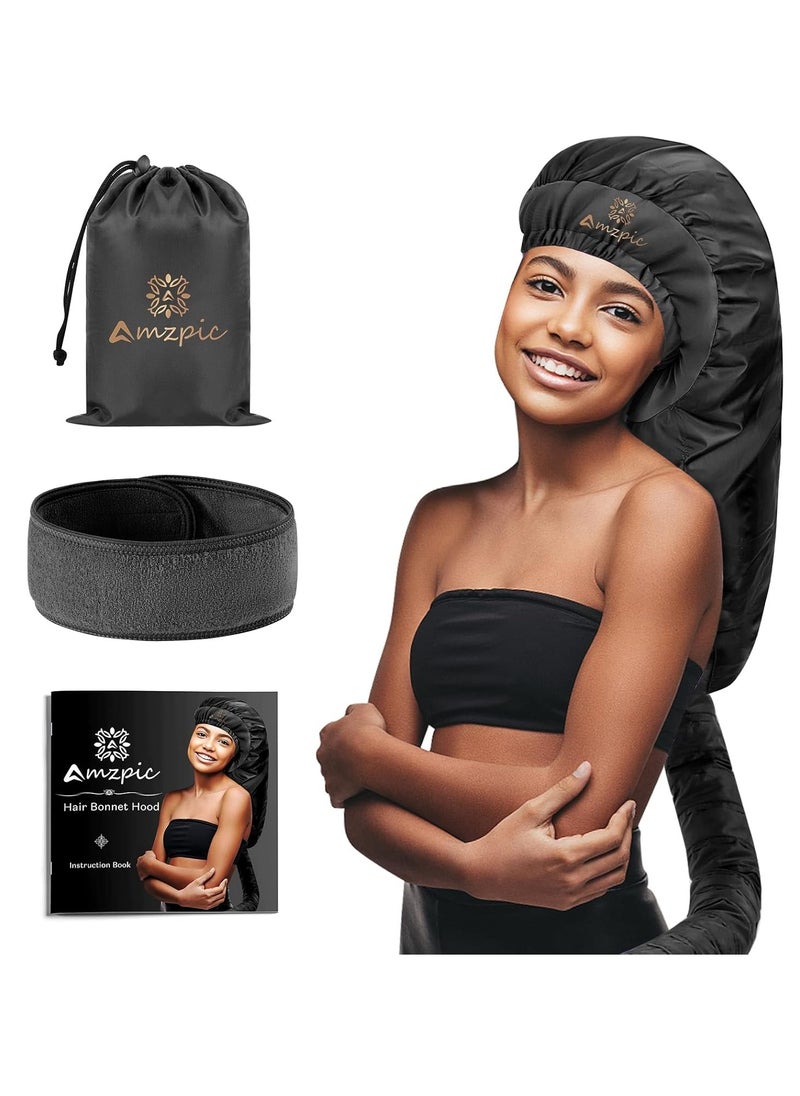 Amzpic Bonnet Hair Dryer Attachment - Bonnet Hood Dryer with Headband that Reduces Heat Around Ears and Neck, Use for Hair Styling, Hair Drying, Curling and Deep Conditioning (Extended Version, Black)  - Image 1