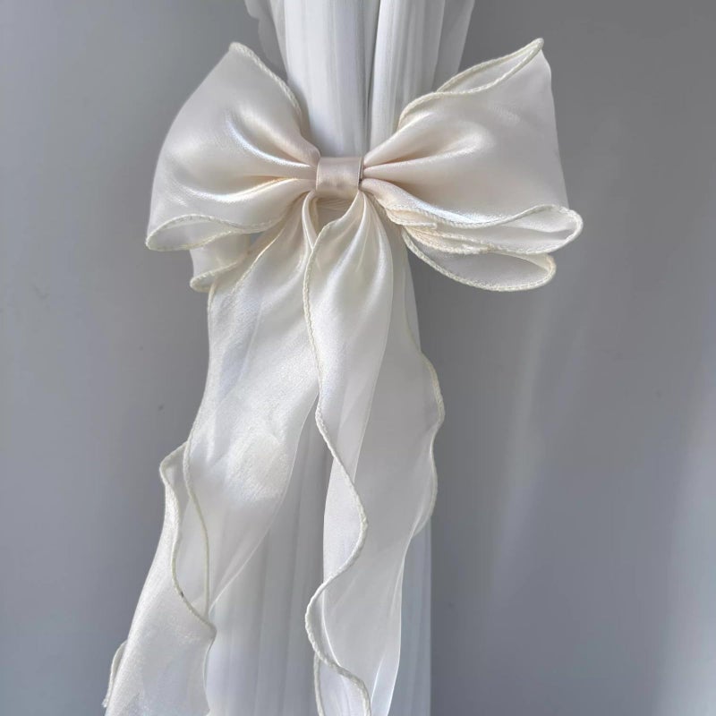 RandomParty 2 Pack French Silky Bow Curtain Tiebacks, Elegant Lace Ribbon for Curtains Decorative Rope Accessories Home DÃ©cor (White,2) - Image 2