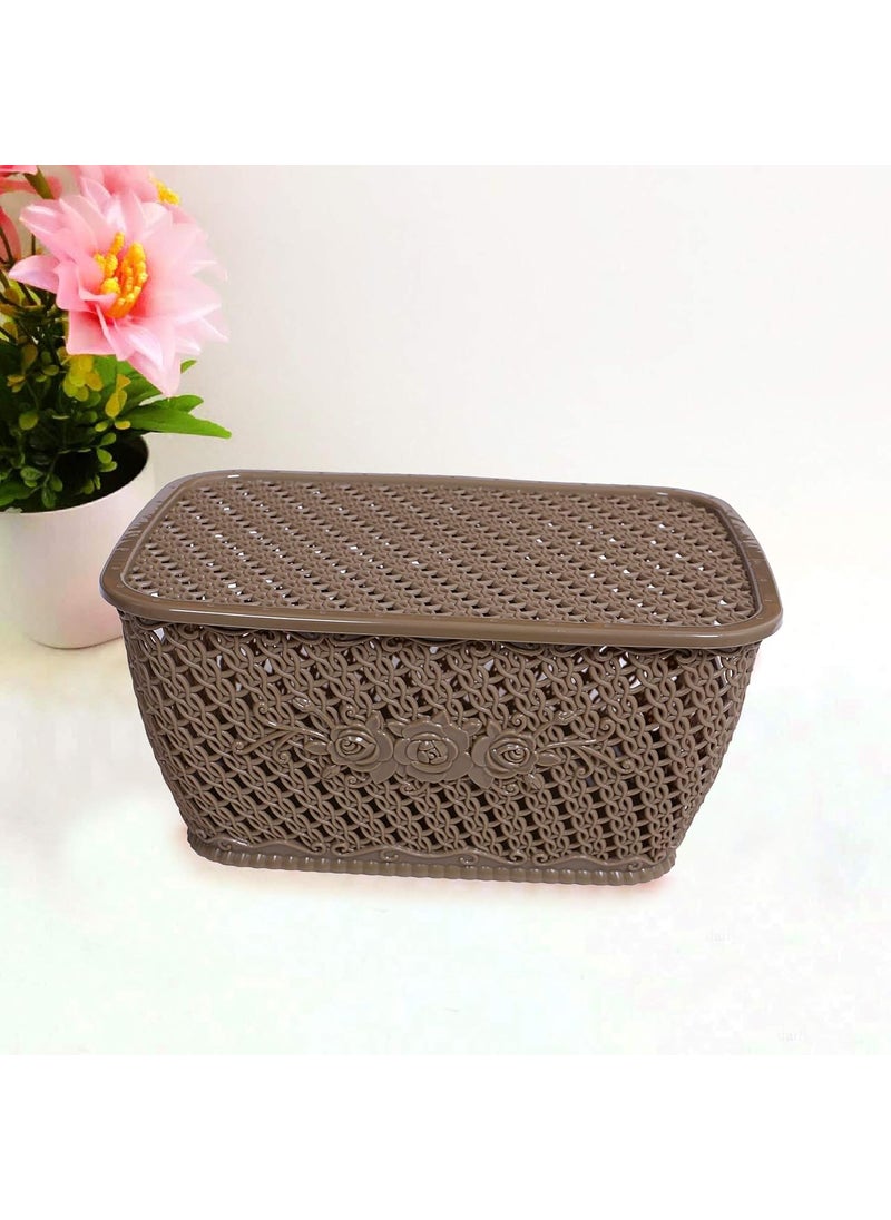 Kuber Industries Kuber Industries Plastic Large Size Multipurpose Solitaire Storage Basket for Kitchen Office Bedroom Bath Room with Lid Coffee CTKTC034336  - Image 4