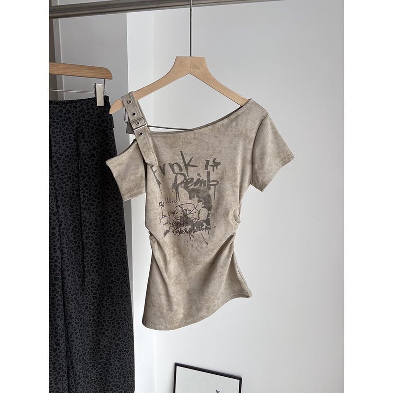 Women's Slim Fit Printed T-Shirt with Asymmetric Neck - Image 4