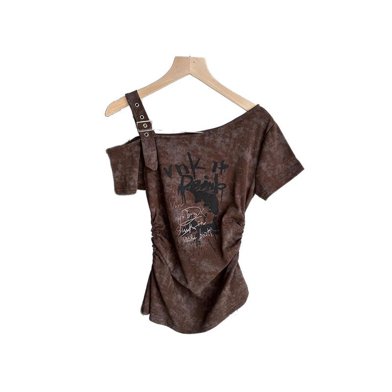 Women's Slim Fit Printed T-Shirt with Asymmetric Neck - Image 5