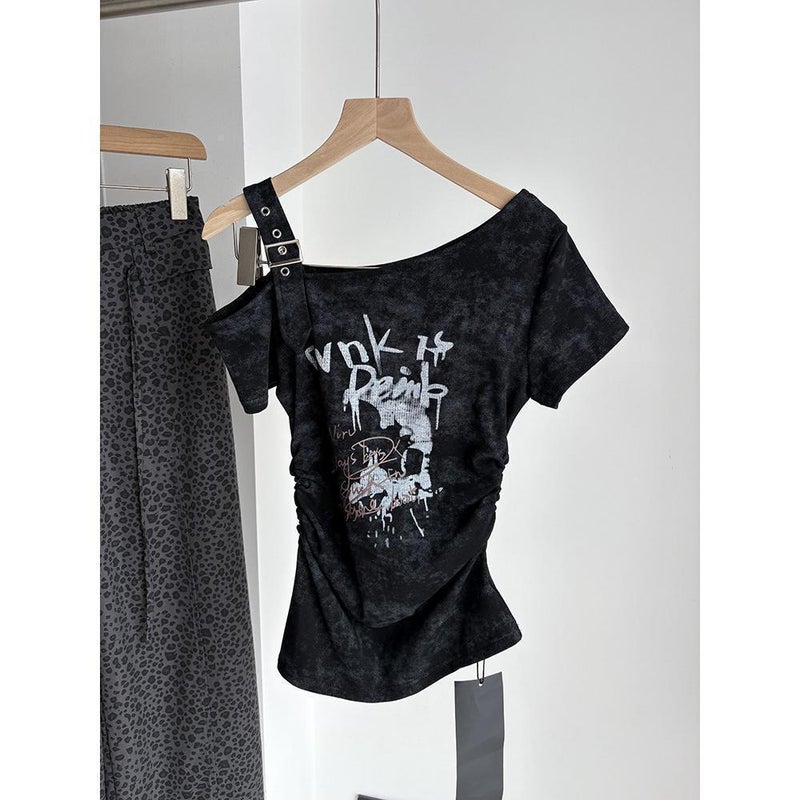 Women's Slim Fit Printed T-Shirt with Asymmetric Neck - Image 3