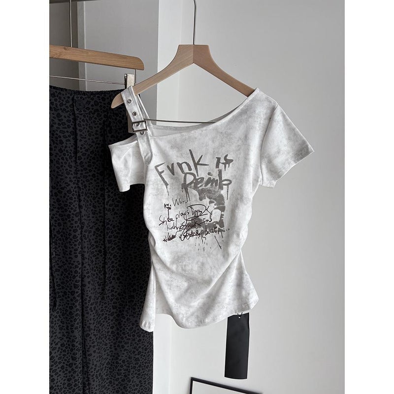 Women's Slim Fit Printed T-Shirt with Asymmetric Neck - Image 1