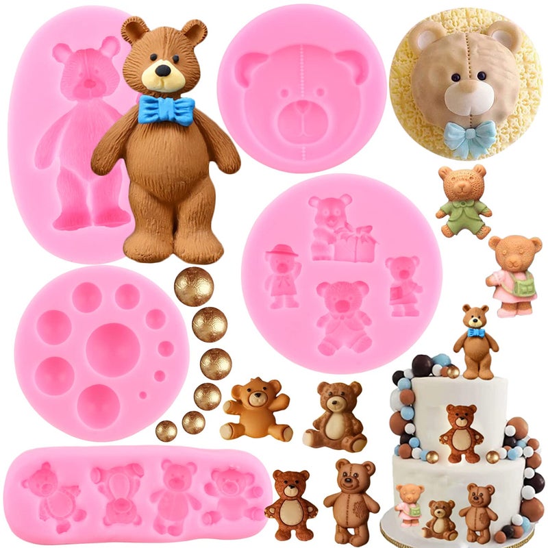 Zixiang 3D Pearl Fondant Mold Bear Silicone Fondant Mold Ball Pearl Semi Sphere Chocolate Molds For Teddy Bear Cake Decorating Cupcake Topper Candy Lollipop Polymer Clay Gum Paste Set Of 5