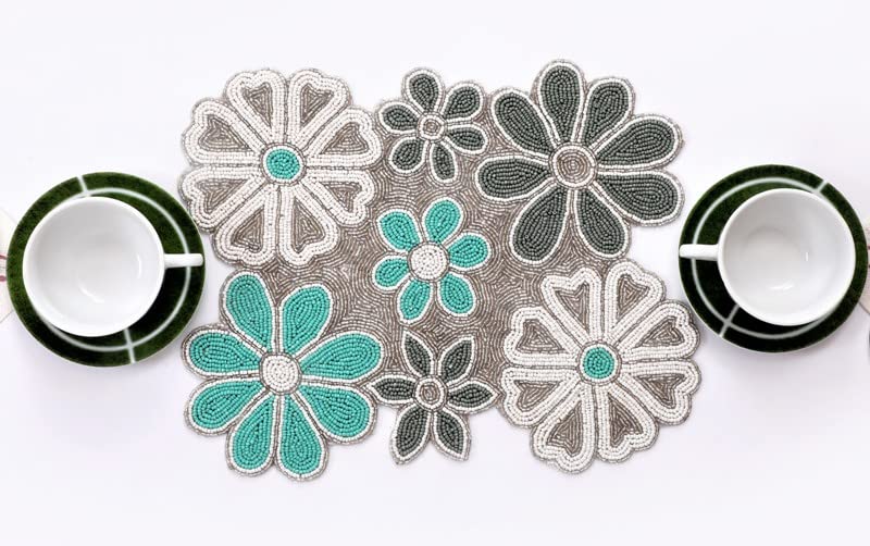 AIVIK Handicrafted Beautiful Beaded Rectangular Table Mats14 INCH Turquise Dining Table Placemats Pack Of 1 Heat Resistant Machine Hand Washable Table Top Mat Place Mat Centerpiece for Coffee Table and Dining Table Best for BedSide TableCenter Table Dining TableShelves CyanBlue White