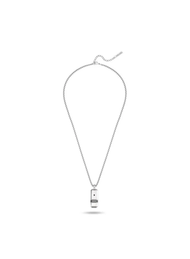 POLICE Baseline Silver & Black Crystal Tag Necklace for Men