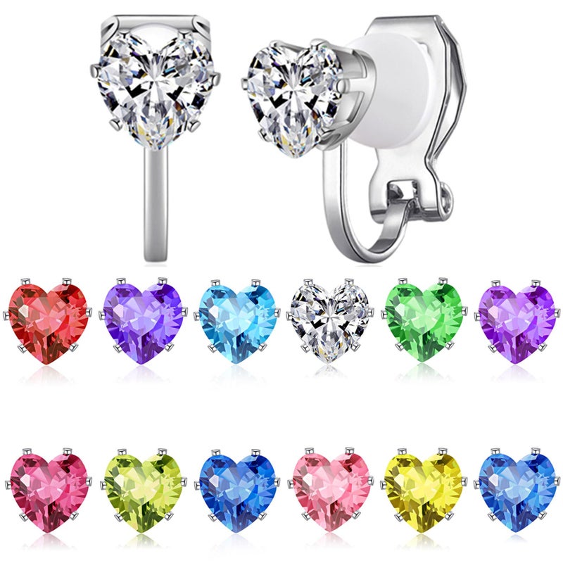 Spiritlele 12 Pairs Birthstone CZ Clip on Stud Earrings Set Heart Cubic Zirconia Clip on Non Piercing Fake Stud Earrings Birthday Gifts Unisex (Love) - Image 1