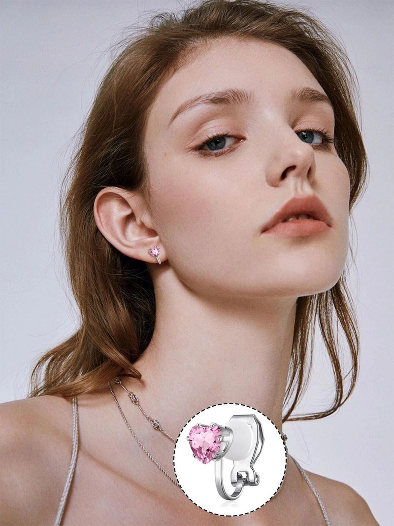 Spiritlele 12 Pairs Birthstone CZ Clip on Stud Earrings Set Heart Cubic Zirconia Clip on Non Piercing Fake Stud Earrings Birthday Gifts Unisex (Love) - Image 3