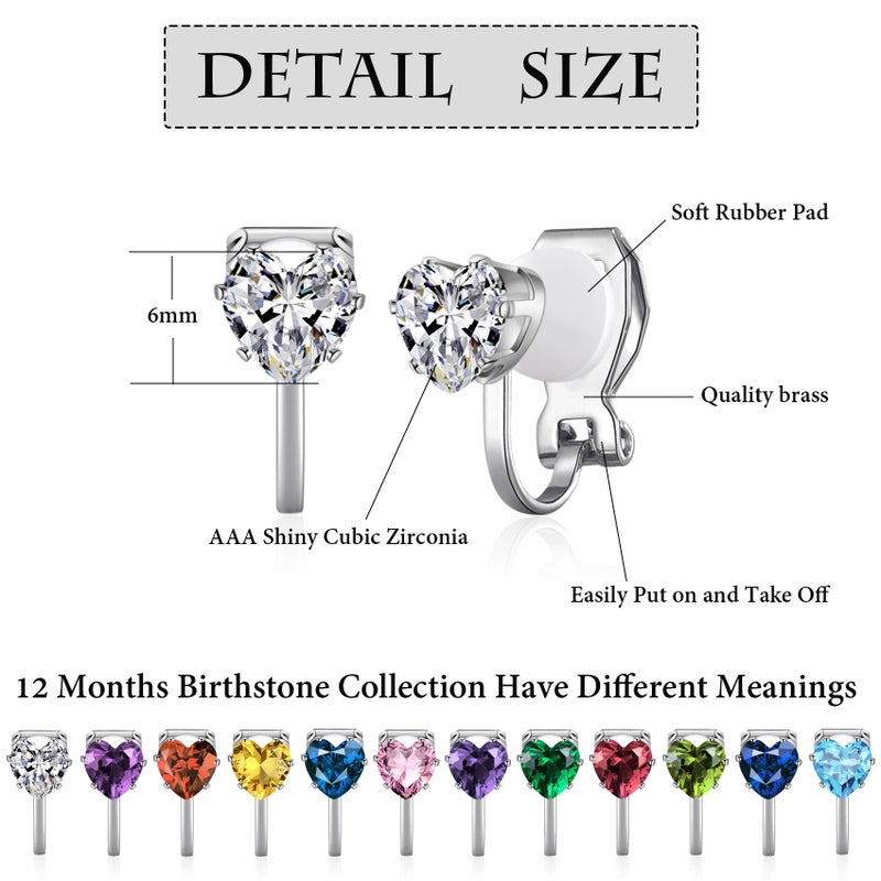 Spiritlele 12 Pairs Birthstone CZ Clip on Stud Earrings Set Heart Cubic Zirconia Clip on Non Piercing Fake Stud Earrings Birthday Gifts Unisex (Love) - Image 5