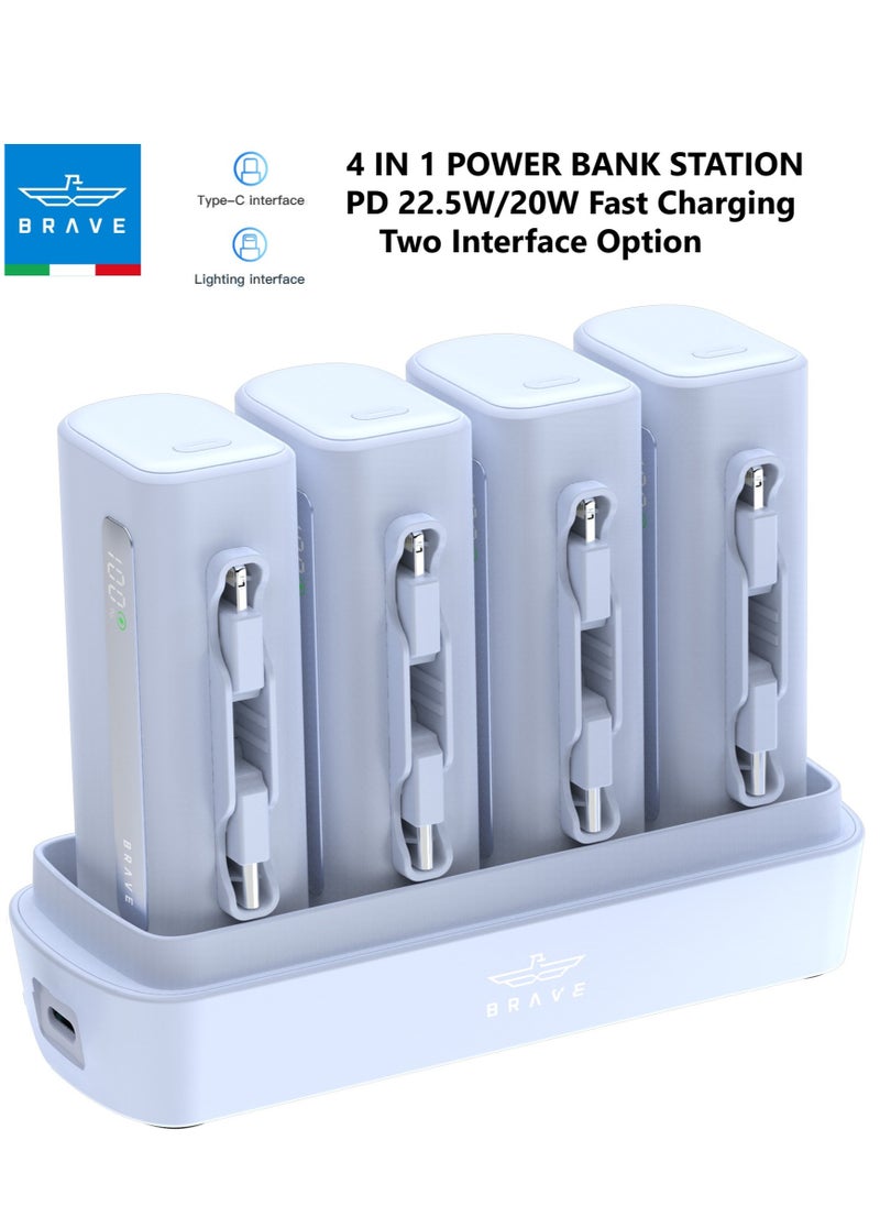 Brave Power Bank Charging Station Kit, Multi-Device Charging Station, 4 x 5000mAh Portable Chargers with 22.5W PD Type-C Port and 20W PD Lightning Port, LED Power Display, Fast Charging for External Batteries, Compatible with iPhone 16/15/14/13/12, Samsung S25/S24/S23/S22, iPad Pro, AirPods Pro and More - USB-C Power Bank Charging Station (White/Blue)  - Image 1