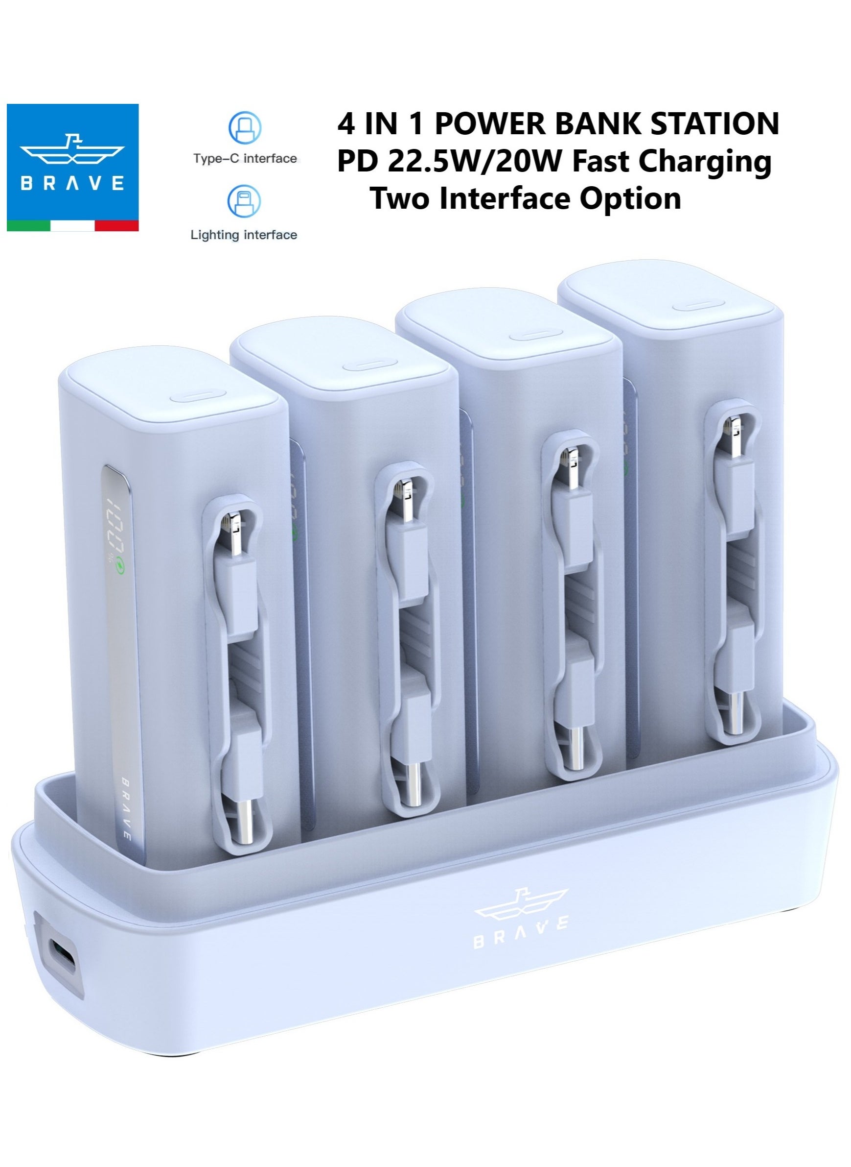 Brave Power Bank Station Set, Multi-Device Charging Dock, Portable Charger Bundle 4 x 5000mAh with PD22.5W Type-C & PD20W Lightning, LED Display, Fast Charging External Battery for iPhone 16/15/14/13/12, Samsung S24/S23/S22, iPad Pro, AirPods Pro, and More - USB-C Powerbank Charging Station (Blue) 