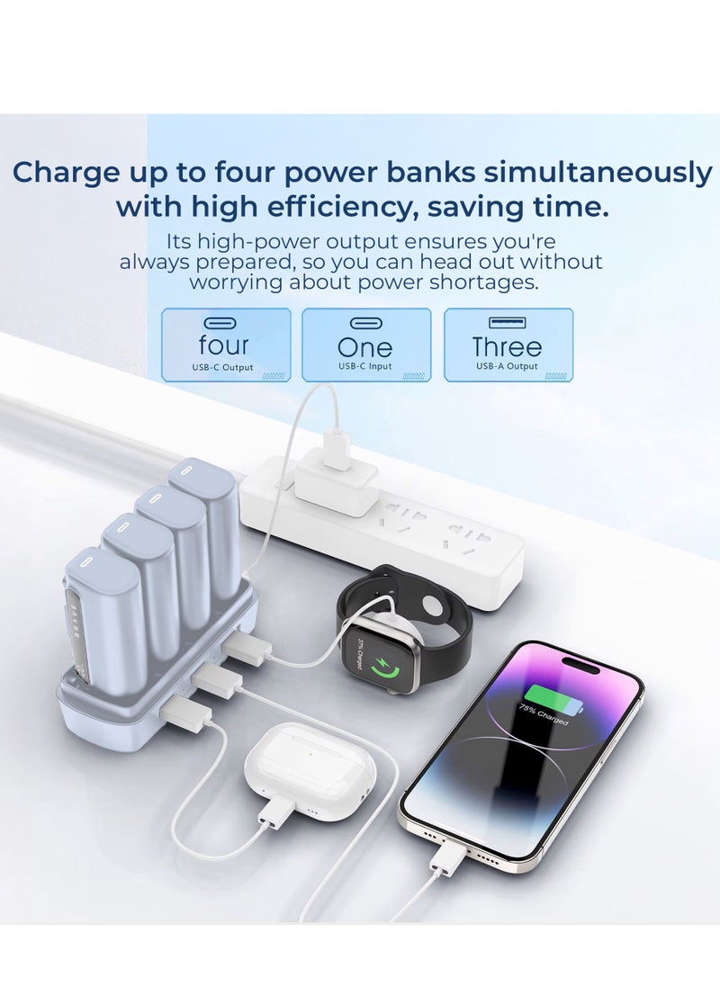 Power Bank Charging Station Kit, Multi-Device Charging Station, 4 x 5000mAh Portable Chargers with 22.5W PD Type-C Port and 20W PD Lightning Port, LED Power Display, Fast Charging for External Batteries, Compatible with iPhone 16/15/14/13/12, Samsung S25/S24/S23/S22, iPad Pro, AirPods Pro and More - USB-C Power Bank Charging Station (White/Blue)