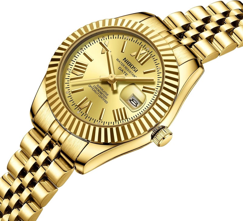 NIBOSI Women's Gold Analog Quartz Watch with Date Function and Waterproof Design - Image 3