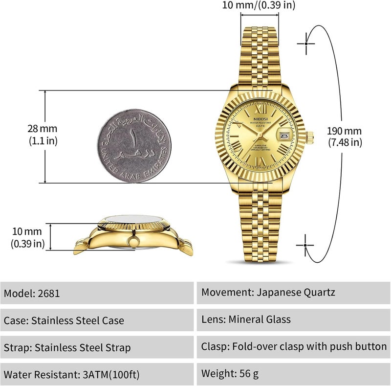 NIBOSI Women's Gold Analog Quartz Watch with Date Function and Waterproof Design - Image 2