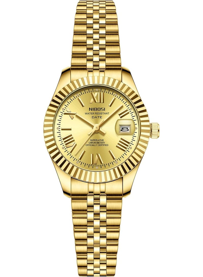 NIBOSI Women's Gold Analog Quartz Watch with Date Function and Waterproof Design - Image 1