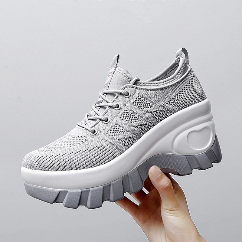 XBLDU Women's Chunky Platform Comfort Orthopedic Wedge Walking Shoes Fashion Knitted Breathable Lace Up Lug Sole Casual Non-Slip Running Shoes With Arch Support (grey, Adult, Women, 8.5, Numeric, US Footwear Size System, Medium) - Image 2