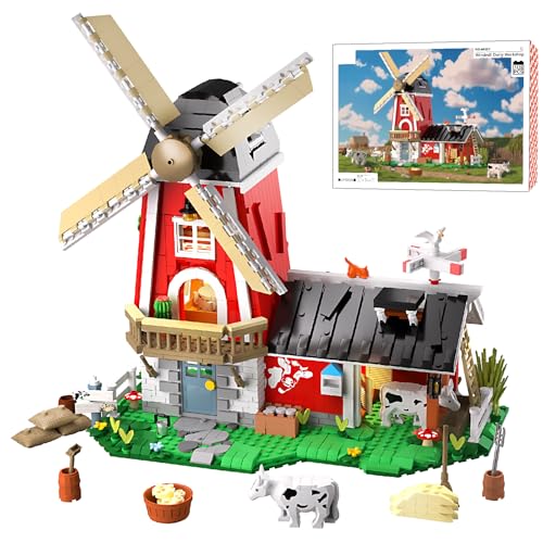OWNONE 1 Windmill Farm Building Set with LED Lights 1310 PCS Red Barn Building Blocks Toy with Cows Animals Farm Model Building Bricks Set Home Decor Gift for Adults Teens Kids Boys Girls - Image 1