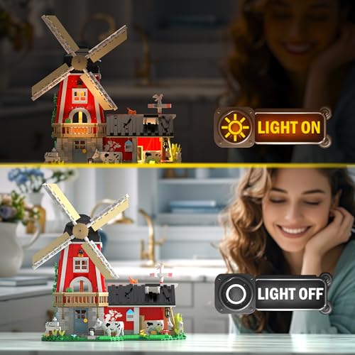 OWNONE 1 Windmill Farm Building Set with LED Lights 1310 PCS Red Barn Building Blocks Toy with Cows Animals Farm Model Building Bricks Set Home Decor Gift for Adults Teens Kids Boys Girls - Image 5