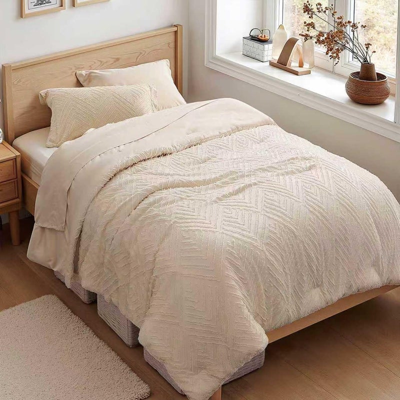 Zzlpp Twin Comforter Set 5 Pieces, Beige Tufted Bed in a Bag with Comforter, Pillow Sham, Pillowcase, Flat Sheet, Fitted Sheet - All Season Boho Bedding Sets - Image 1