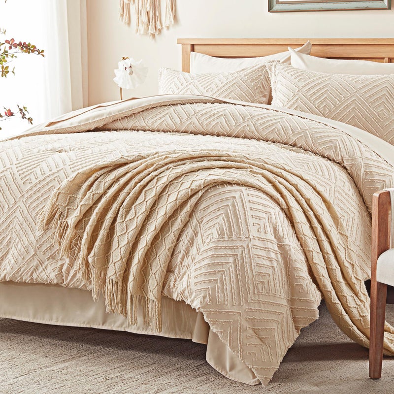 Zzlpp Twin Comforter Set 5 Pieces, Beige Tufted Bed in a Bag with Comforter, Pillow Sham, Pillowcase, Flat Sheet, Fitted Sheet - All Season Boho Bedding Sets - Image 2