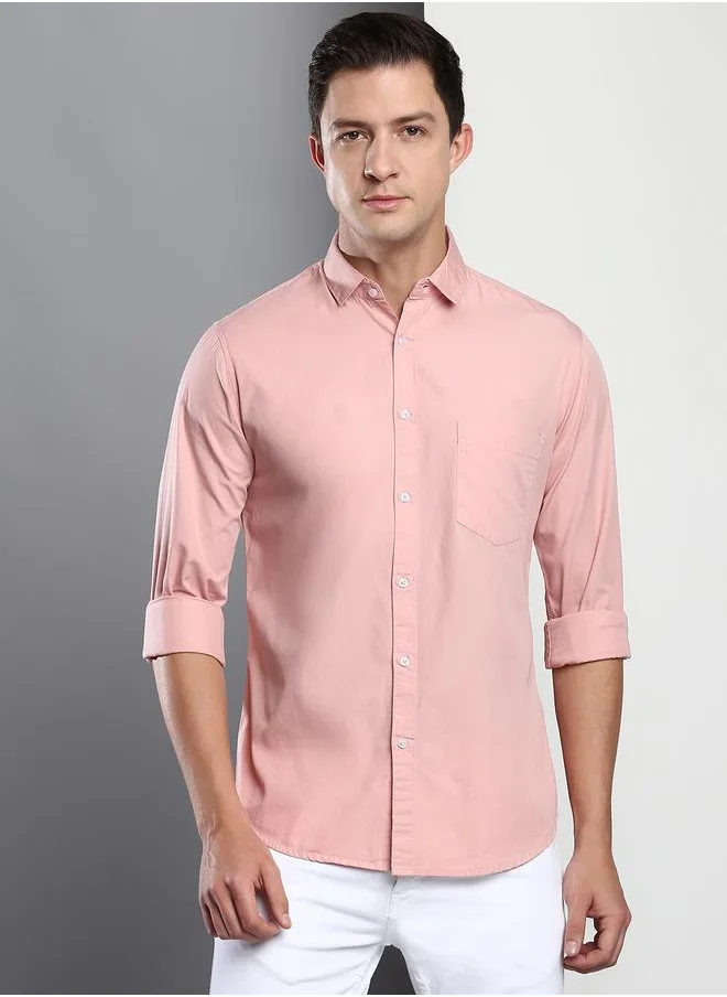 Dennis Lingo Men's Slim Fit Peach Casual Cotton Spread Shirt