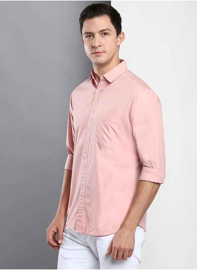 Dennis Lingo Men's Slim Fit Peach Casual Cotton Spread Shirt