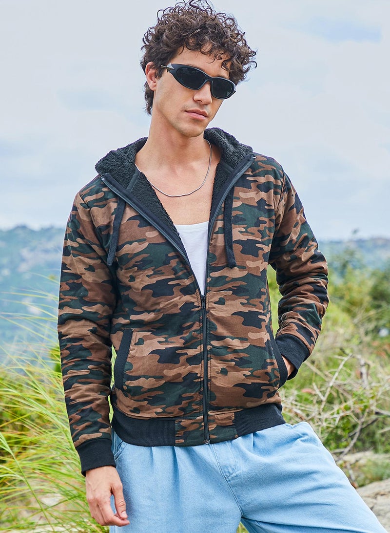 Campus Sutra Men's Forest Green Camouflage Hoodie With Insert Pocket  - Image 1