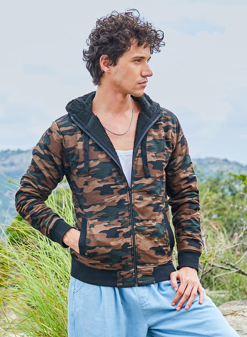 Campus Sutra Men's Forest Green Camouflage Hoodie With Insert Pocket  - Image 3