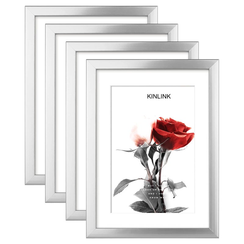 KINLINK 6x8 Picture Frames Silver  Photo Frames with Plexiglass for Picture 4x6 with Mat or 6x8 without Mat  Composite Wood Picture Frames for Table Top and Wall Mounting - Set of 4 - Image 1