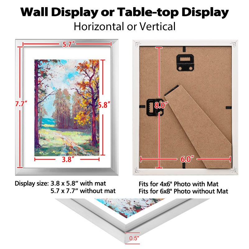 KINLINK 6x8 Picture Frames Silver  Photo Frames with Plexiglass for Picture 4x6 with Mat or 6x8 without Mat  Composite Wood Picture Frames for Table Top and Wall Mounting - Set of 4 - Image 5
