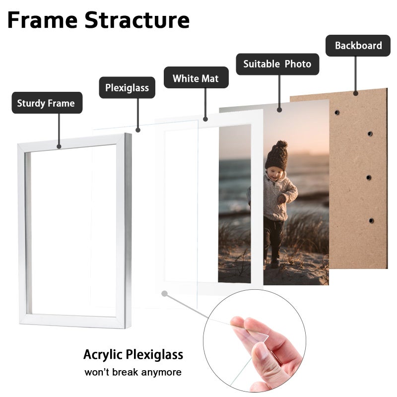 KINLINK 6x8 Picture Frames Silver  Photo Frames with Plexiglass for Picture 4x6 with Mat or 6x8 without Mat  Composite Wood Picture Frames for Table Top and Wall Mounting - Set of 4 - Image 2