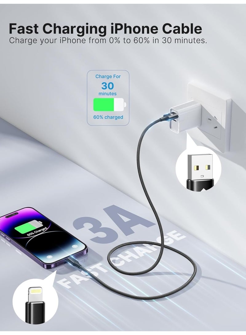 كابل شاحن ايفون 3 متر، معتمد من Apple MFi، مضفر من النايلون، USB A إلى Lightning، شحن سريع لايفون وايباد - Image 2