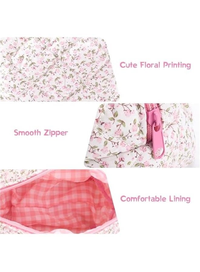 Quilted Makeup Bag Floral Large Cute Cosmetic Bag Cotton Puffy Makeup Organizer Coquette Travel Makeup Pouch Aesthetic Portable Zipper Toiletry Storage Bag for Women Girls (Pink) - Image 5