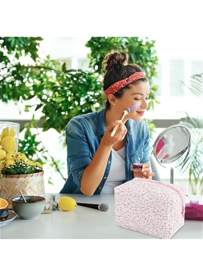 Quilted Makeup Bag Floral Large Cute Cosmetic Bag Cotton Puffy Makeup Organizer Coquette Travel Makeup Pouch Aesthetic Portable Zipper Toiletry Storage Bag for Women Girls (Pink) - Image 2