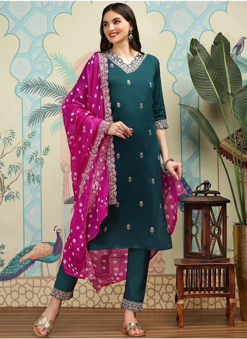 آي شين Women's Green 100% Viscose Embellished Tunic Full Length Casual Straight Fit Kurta Set