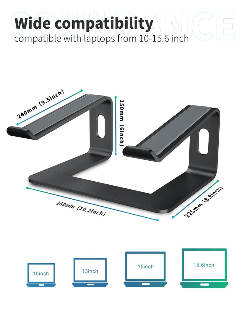 SOUNDANCE Laptop Stand, Aluminum Computer Riser, Ergonomic Laptops Elevator for Desk, Metal Holder Compatible with 10 to 15.6 Inches Notebook Computer, Black - Image 2