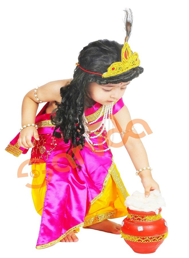 Sarvda Brocade Shree Krishna Dress For Kids For Baby Boy Radha Dress For Girls With Accessories Dhoti, Dupatta, Mukut Flute Complete Set, Multicolor - Image 5