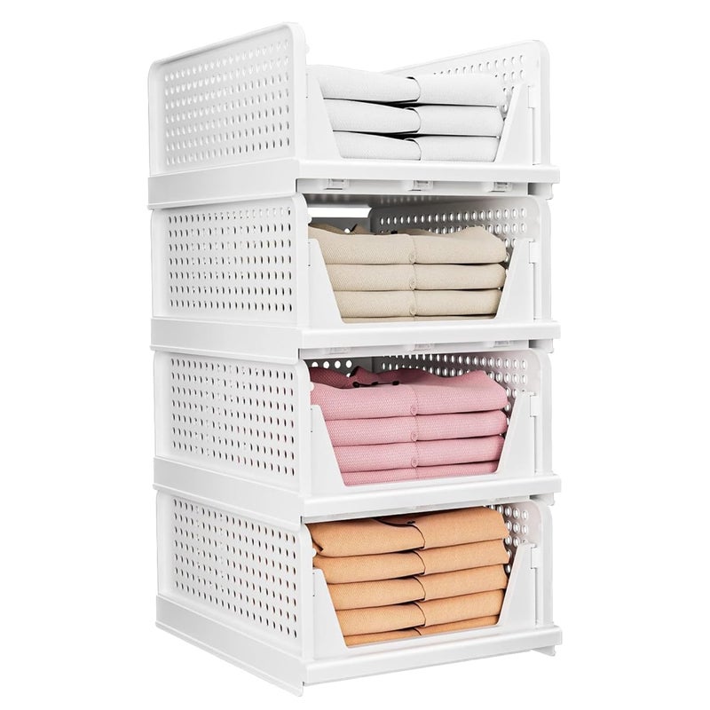 MARKWELL 4 Layer Stackable Wardrobe Storage Box Plastic Sliding Drawer Organizer Foldable Clothes Shelf Baskets Folding Cube Bins Perfect for Kitchen Bedroom Sliding Drawer White - Image 1